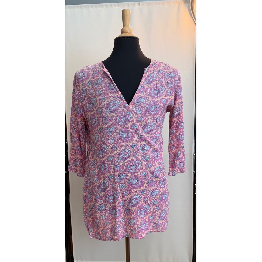 J.Crew Pink Purple Floral Paisley V-Neck Tunic Top 3/4 Sleeve Size M